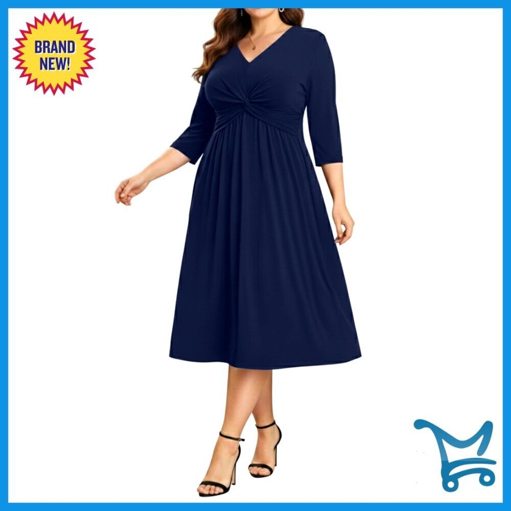 V-Neck Twist Knot Midi Dress 3/4 Sleeves A-Line Wedding Guest Elegant